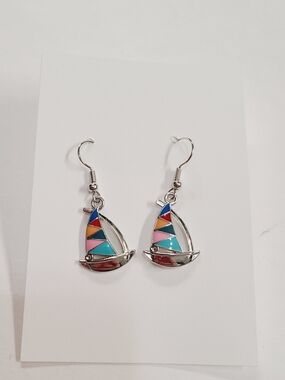 Colorful Enamel Sailboat Dangle Earrings - Pink, Teal & Orange